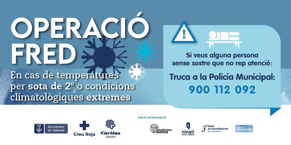 Aj_Sabadell's tweet photo. #AVUI ⚠️ Activem nivell 1️⃣ Operació Fred ❄️

▶️ Previsió de temperatures d'entre 2 i 4 graus 

▶️ Sortida de vehicles per atendre persones sense llar i donar sopar calent i mantes

#Sabadell #OperacióFred https://t.co/ovAg4uCD0V