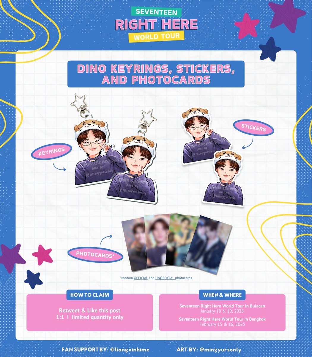 liangxinhime's tweet photo. 💠 SVT RIGHT HERE FREEBIES 💠 

✧⁠*dino keyrings, stickers, &amp; pcs*✧⁠ 

👍🏻 like &amp; rt
🔆 1:1 only, limited qty
📍 loc: will post on dday 
🗓️  18/19 Jan, 15/16 Feb

#SEVENTEEN_RIGHT_HERE_IN_BULACAN
#SEVENTEEN_RIGHT_HERE_IN_BANGKOK https://t.co/PEEeyTkMud