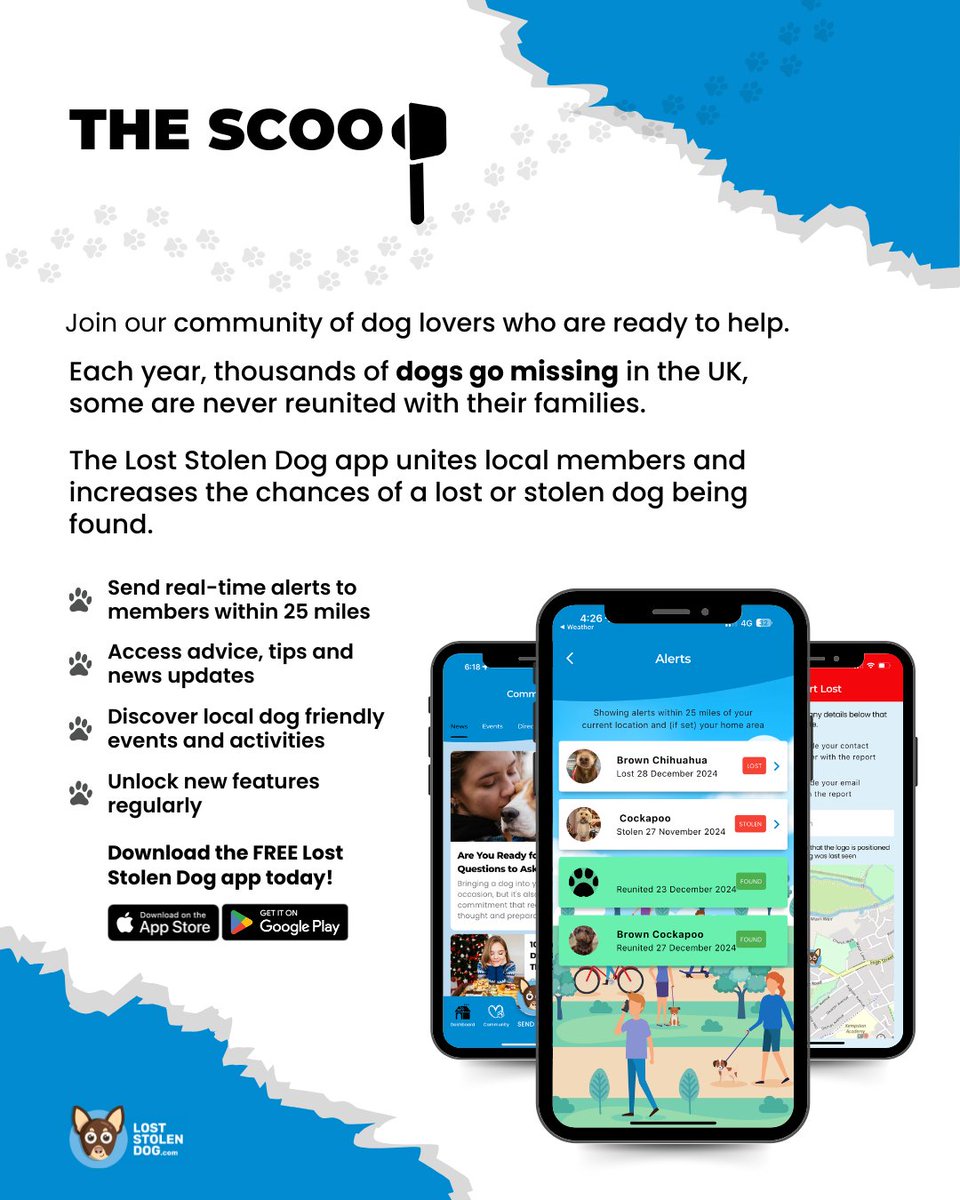 Every year, thousands of dogs are lost or stolen, leaving families heartbroken. But with the Lost Stolen Dog app, you’re never alone. 
Download the FREE Lost Stolen Dog app now on the App Store or Google Play! loststolendog.com