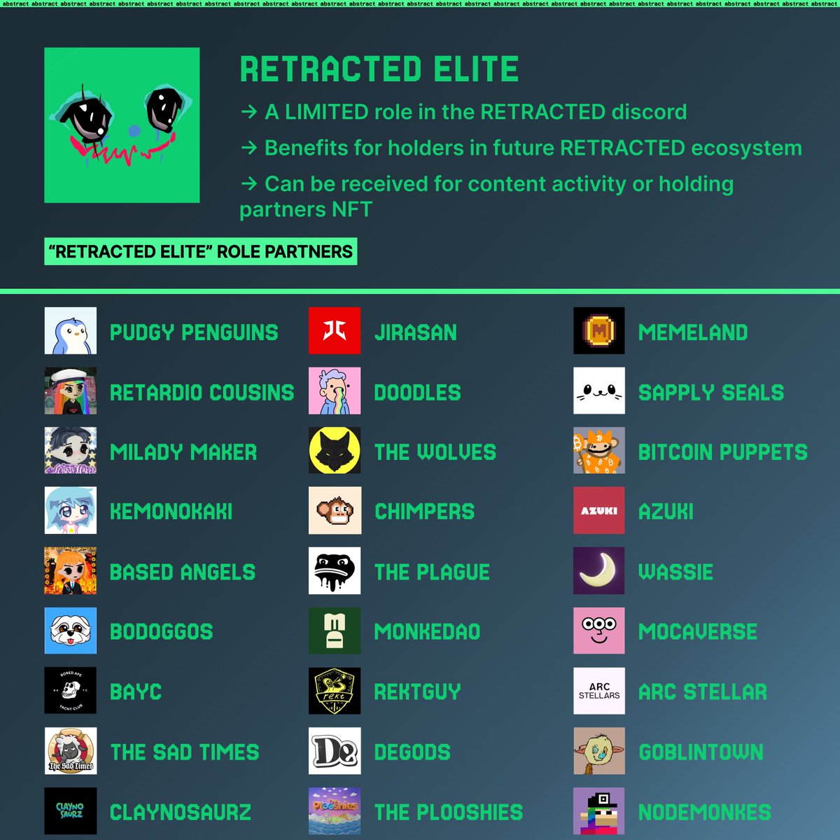 seKoS0L's tweet photo. We are one of them - RETRACTED, coming soon to @AbstractChain✳️ 

10 GTD(guarantee) WLs & 24 hours⏰

Steps to enter:
✳️ Drop your EVM wallet
✳️ Follow on @retractedonabs & @seKoS0L 
✳️ Like + RT
✳️ Tag 3 frens

"RETRACTED ELITE" is a limited role for active members of our ecosystem and partners who will receive important bonuses in the future!

Check out the list, then go to https://t.co/x08OMMohi4 and get it!