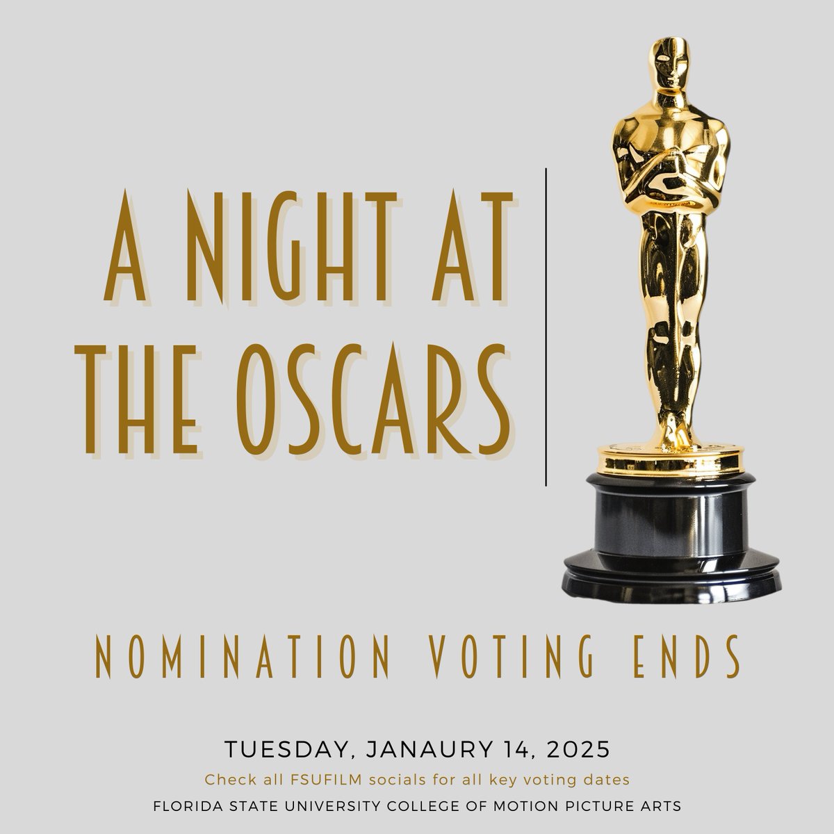 As Oscar nom voting comes to a close this week, who's on your prediction list? Join the excitement on March 2nd and witness who takes the golden glory home! Grab your seats now to watch along with us. #OscarNominations #fsu #fsufilm