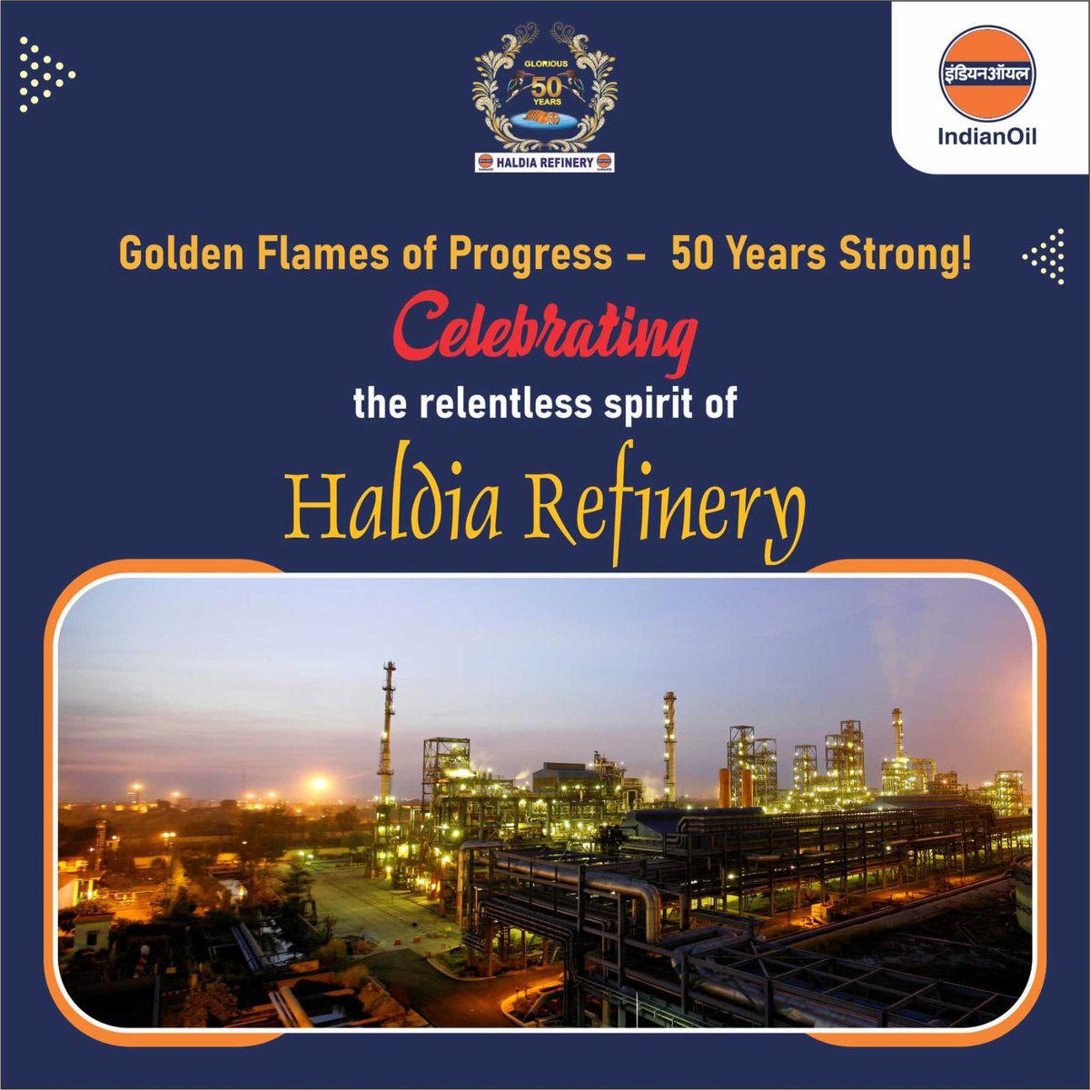 DirR_iocl's tweet photo. Heartiest congratulations to @IndianOilCl's Haldia Refinery on its Golden Jubilee! For 50 years, Haldia has been a beacon of innovation, sustainability, and excellence, contributing to India’s energy security and industrial progress.
Here’s to celebrating this monumental journey and to many more milestones ahead. Proud to be part of this remarkable legacy. #HaldiaRefinery #GoldenJubilee #IndianOil