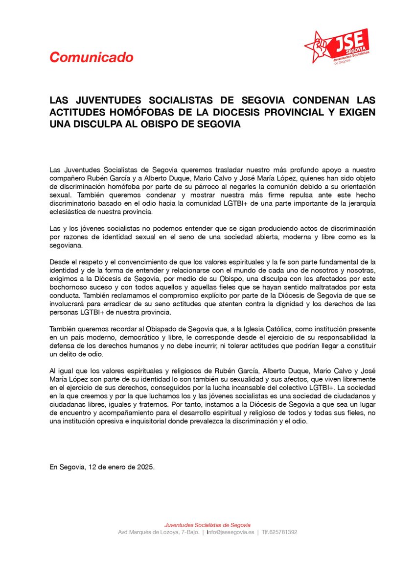 🔺COMUNICADO‼️

Desde Juventudes Socialistas de Segovia condenamos las actitudes homófobas de la diocesis provincial y exigimos una disculpa del obispo.