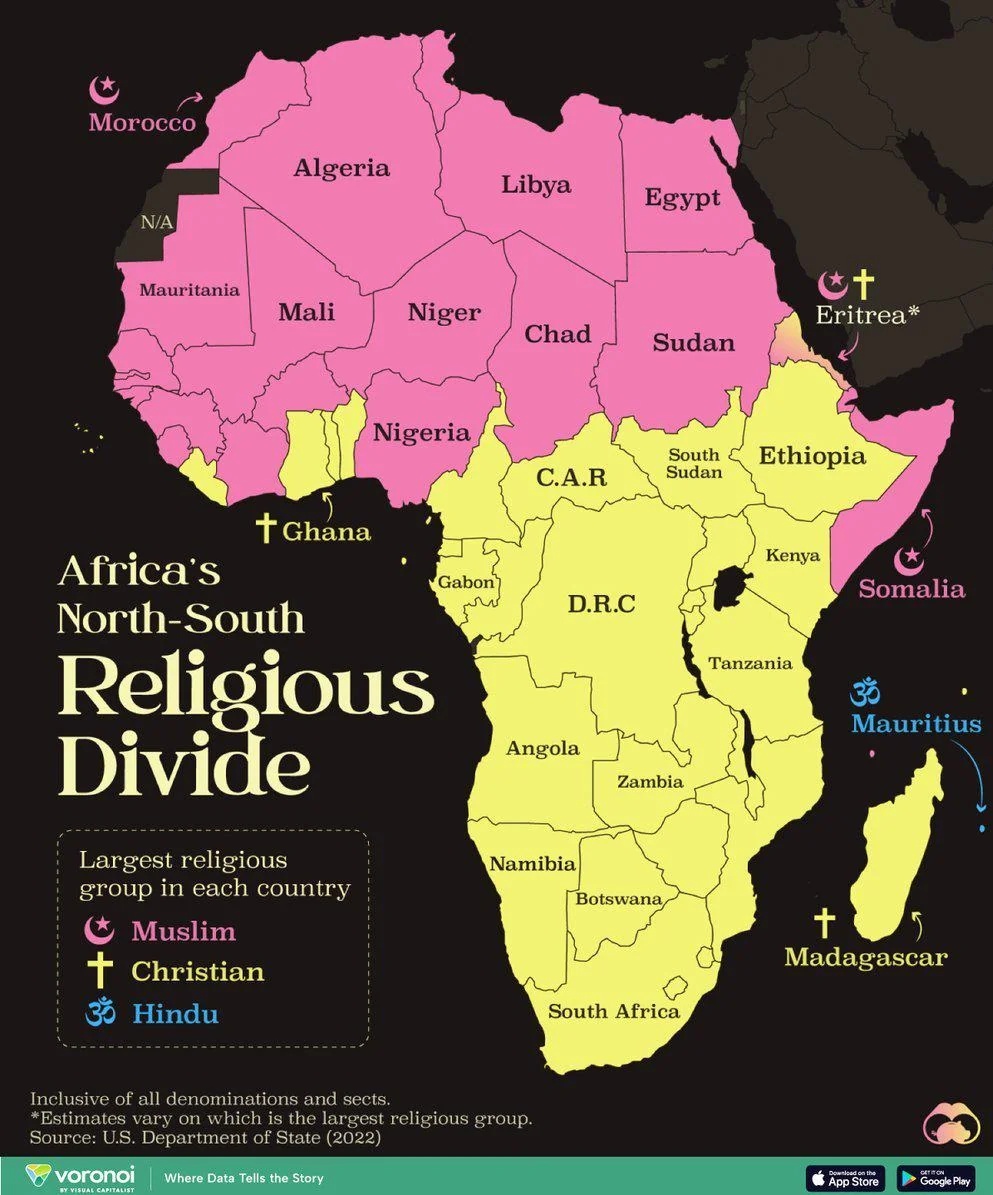 Thread of interesting maps about Africa you haven't seen 🧵

1. Africa's Religious Divide.