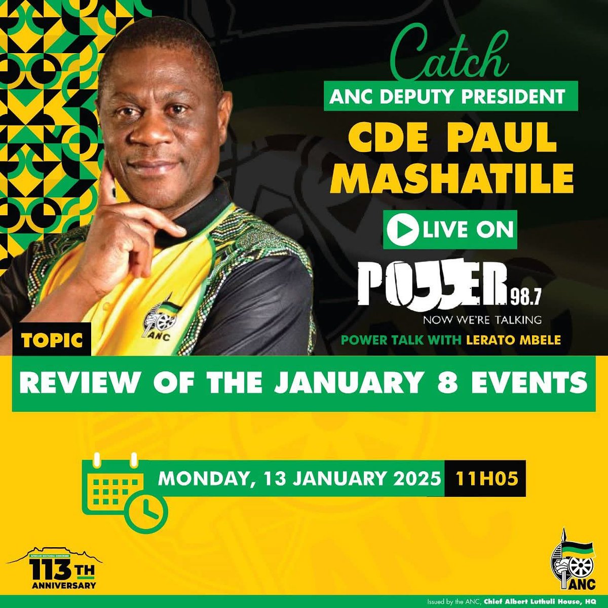 ANCECape's tweet photo. Tomorrow, ANC Deputy President, Cde Paul Mashatile will be live on Power fm and Russia today to review the January 8 celebrations
#ANC113Anniversary
#ANCJan08statement https://t.co/BtxkZpwhgM