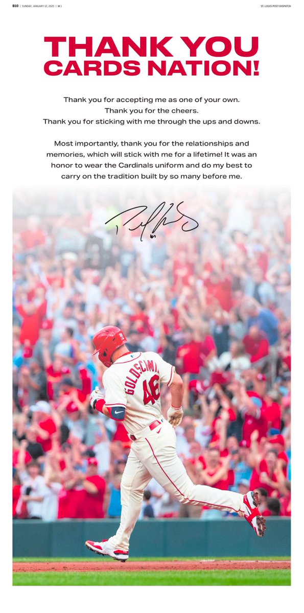 Paul Goldschmidt took out this full page ad in today’s St. Louis Post-Dispatch. The former Cardinal and 2022 NL MVP signed with the Yankees as a free agent.