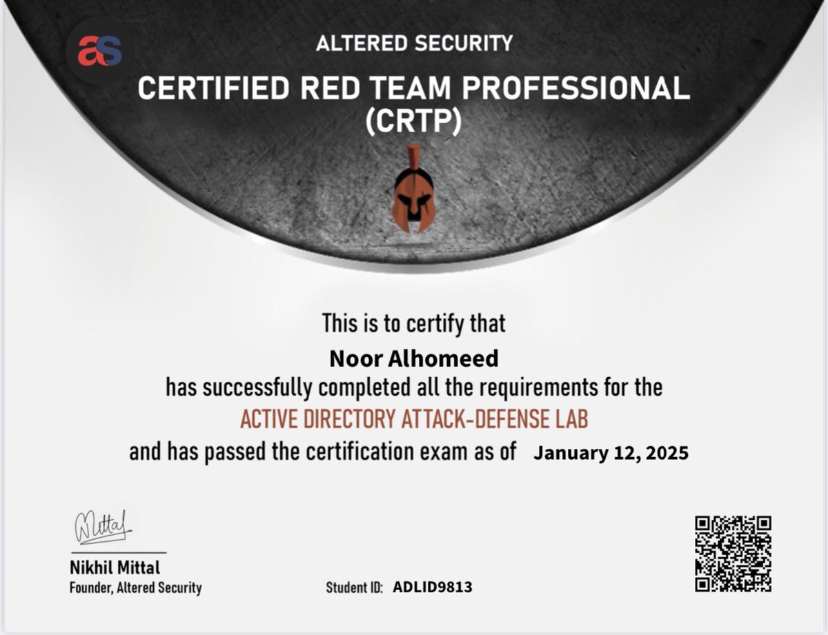 بحمد الله وفضله اجتزت اختبار شهادة:
Certified Red Team Professional (CRTP) المقدم من <a href="/AlteredSecurity/">Altered Security</a> 

الاختبار ممتع جدًا ويعطي مقدمة ممتازة في موضوع Active directory PT 

#CyberSecurity #infosec #EthicalHacking #penetrationstest