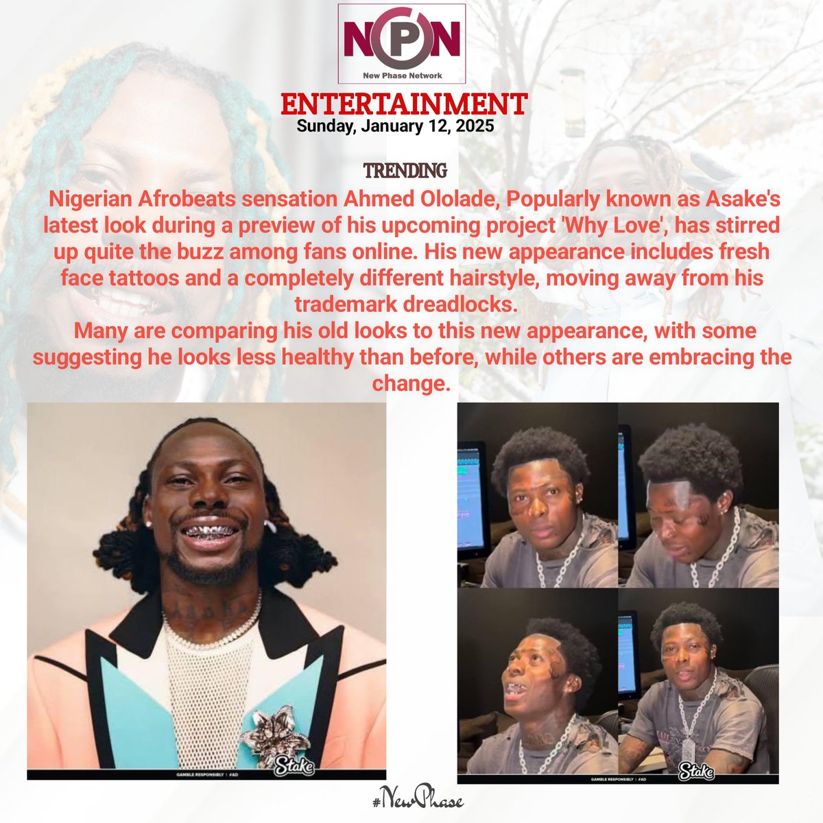 newphasenetwork's tweet photo. Change is Inevitable Indeed! Nigerian Pop Star, Asake has a new look unlocked. Promises new music "Why Love" 

#NewPhase https://t.co/ibZZOmXCzd