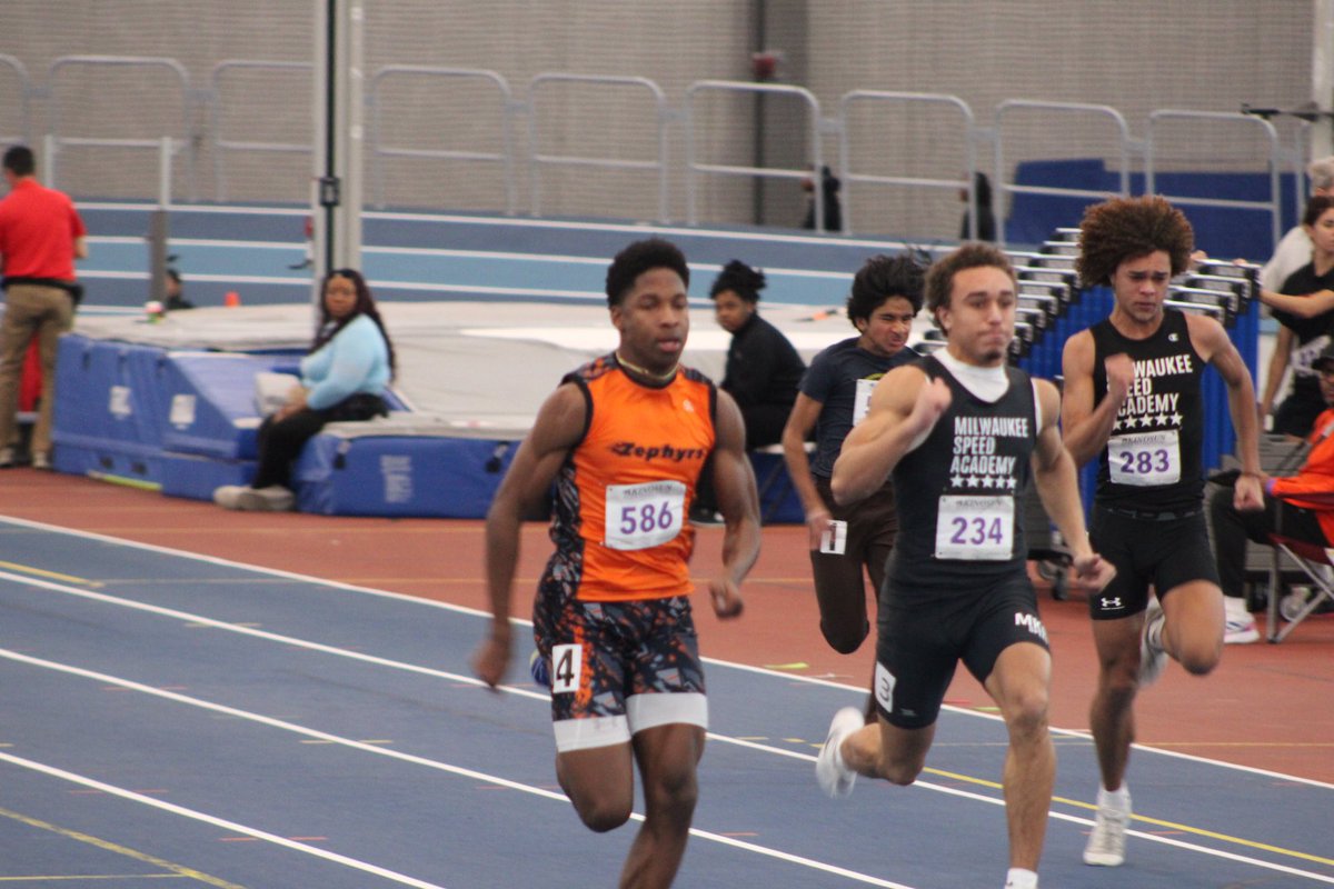 Daniel Robinson of Neuqua Valley/Zephyrs has the fastest time out of the prelims in 6.98 for the Boys 60m