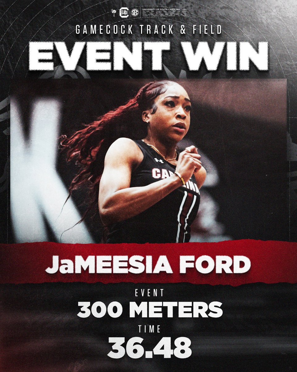 JaMeesia Ford starts the season with a 36.48 300m NCAA lead.

9th fastest time in NCAA history. Her 35.83 PB is 2nd all-time. 
(📷 <a href="/GamecockTrack/">South Carolina Track & Field/Cross Country</a>)