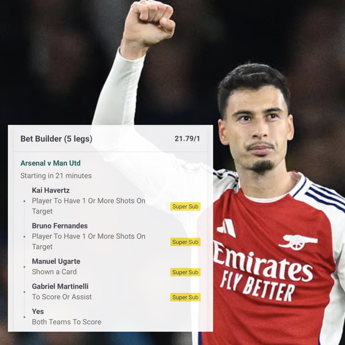 ARSENAL V MAN U BET BUILDER 👷‍♂️ 

ODDS 💰- 21.79/1