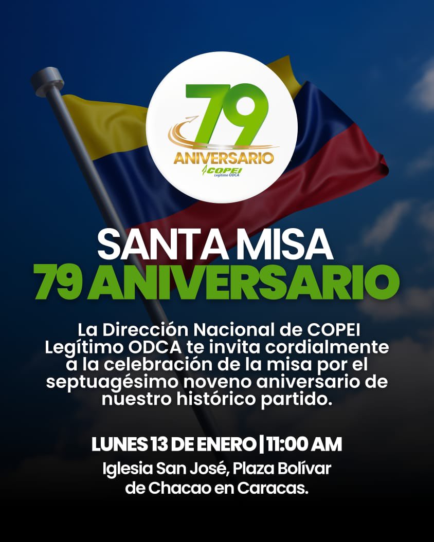 Invitación a nuestra misa, por el 79 Aniversario. 

¡Seguimos!🇻🇪

Dios con nosotros.

#79AniversarioCopei