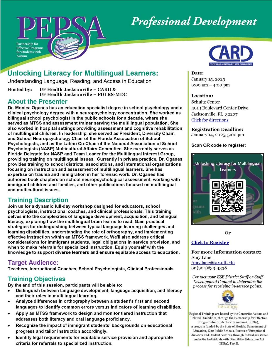 I will be providing a training “Unlocking literacy for Multilingual Learners” in the Jacksonville area for school/clinical psychologists, teachers, instructional coaches. Jan 15, 9am-4pm

My gratitude to UF College of Medicine for organizing.

Register at:
med.jax.ufl.edu/calendar/event…