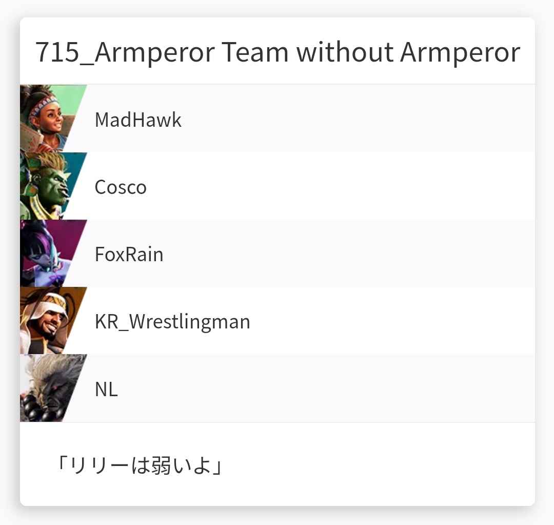 오늘 체리티컵 같이 참가 해준 팀원들 덕분에 잘 마무리 했습니다!
재밌었어요! 

<a href="/sf5nl/">NL</a>  <a href="/Hawk_Kang/">MadHawk</a>  
폭스레인님 
코스코님 
수고하셨습니다!

#SF6