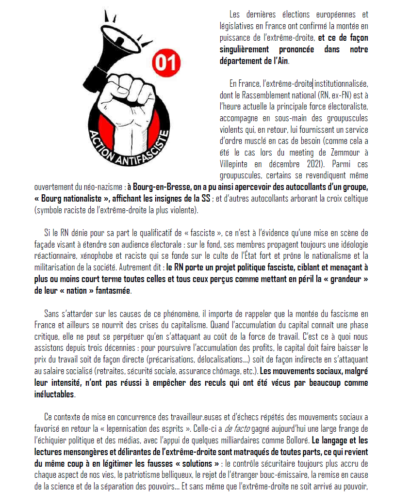 AntifascisteAin's tweet photo. Un communiqué pour la nouvelle année! Rejoignez-nous dans la lutte contre la bête immonde! https://t.co/LWpEvyPbmn