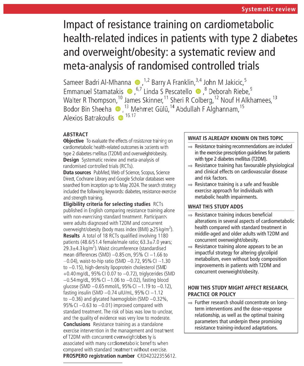 nick_krontiris's tweet image. This systematic review and meta-analysis finds that resistance training as a standalone exercise intervention in individuals with type 2 diabetes and overweight/obesity is concomitant with many cardiometabolic benefits when compared with standard treatment without exercise.