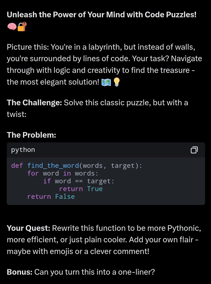 KhatriXii's tweet image. Let's see who can break out of the code maze with style! 🚀👨💻
#PythonPuzzle #CodeChallenge #ElegantSolutions