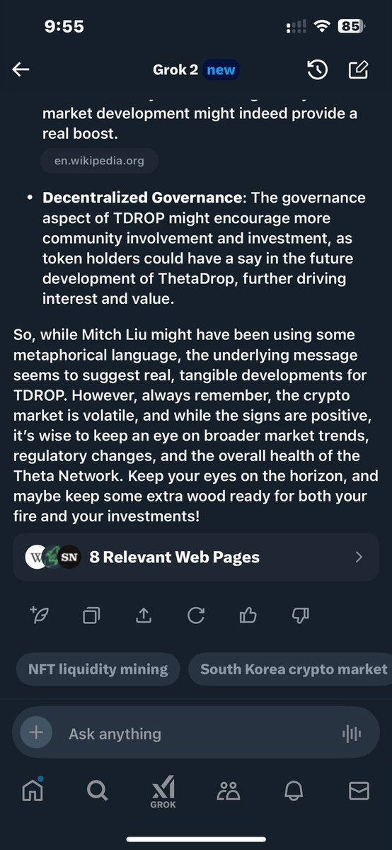 JOHNCOSSEL's tweet photo. So @elonmusk impressed that grok2 has a personality calling himself a fellow farmer 😂 and it’s nice that grok2 does think @mitchliu @Theta_Network is giving good advice (nfa) on #tdrop future possibilities for #NFTs @ThetaDrop and the whole ecosystem https://t.co/2cuIprcR1S