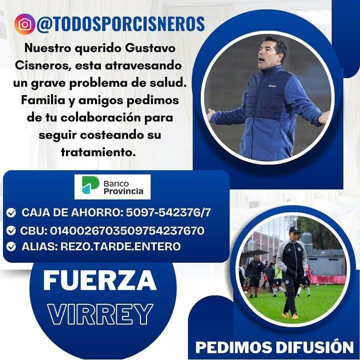 Amigos, futbolistas y técnicos están uniéndose para dar una ayuda a Gustavo #Cisneros, quien como ya sabemos está luchando contra el cáncer hace varios meses.

Necesitan difusión, pero sobre todo que si podés, les des una mano que vale muchísimo en momentos tan complejos.