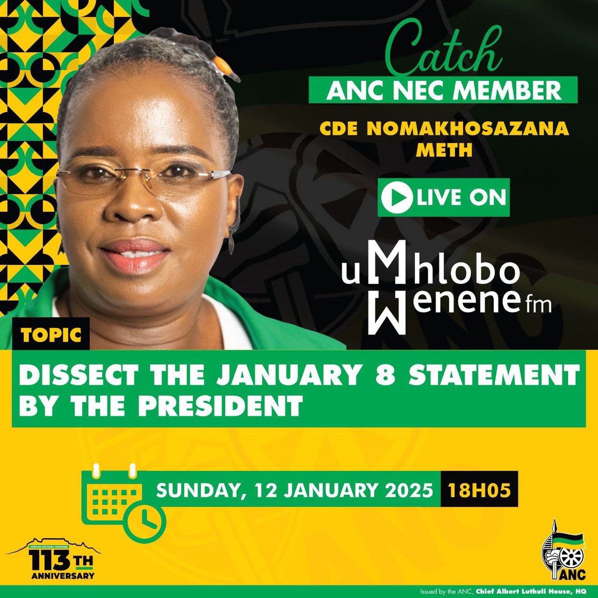 1Khosi_Meth's tweet photo. ๐ Let's make it a date this evening. Tune in to @UWFM88_106FM at 18:05 as we unpack the January 8 statement by uMongameli Ramaphosa @MYANC @BhenguMahlengi
#ANC113Anniversary #ANCJan08Statement #ANC113 #ANCeKapa #ThePeoplesMovement #ThankYouKhayelitsha https://t.co/a1NaYKM6Lt