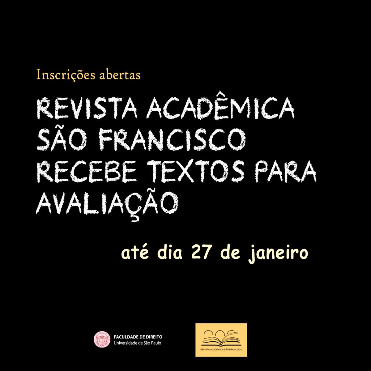 de_usp's tweet photo. Interessados em participar da Revista Acadêmica São Francisco, da FDUSP, têm até dia 27/01. Podem ser enviados artigos, resenhas e decisões judiciais reescritas em perspectiva feminista ou antidiscriminatória. Aberto a graduandos até pós-graduados das universidades do Brasil.👇 https://t.co/nSKkWWcPbZ