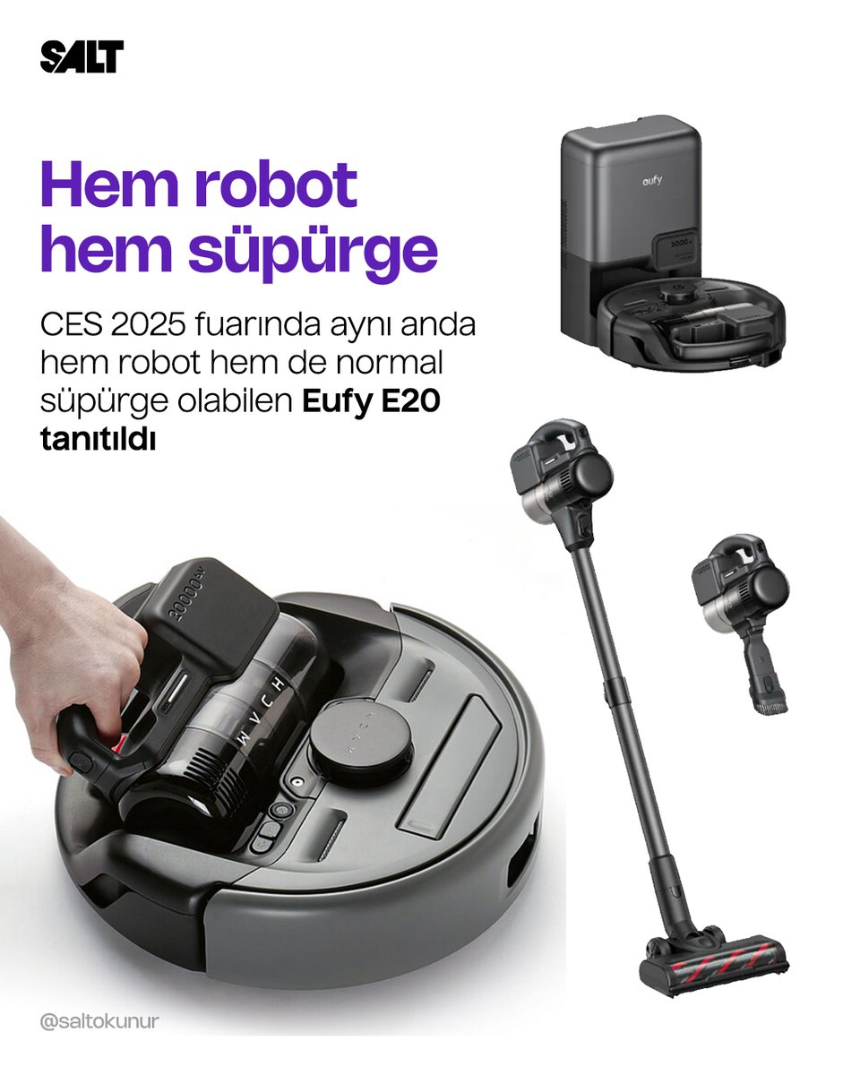 saltokunurgzt's tweet image. CES 2025’te tanıtılan Eufy E20, robot süpürge ve dikey süpürgeyi bir araya getiriyor 🧹

Teknik Detaylar🛠️

Tek şarjla 3 saat 🕒
Şarj süresi 2.5 saat ⚡
Engel algılama: 15mm 🛑
Toz istasyonu kapasitesi: 75 gün 🗑️
550$ 💸

#RobotSüpürge #CES2025 #EufyE20 #Saltokunur