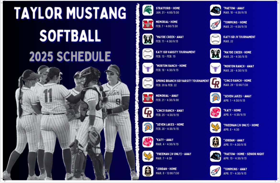 Let’s get the 2025 season started! Come support our girls this year! 💙🥎
<a href="/taylor_mustangs/">Taylor Athletics (Katy ISD)</a> 
<a href="/cbabin4437/">Chris Babin</a>