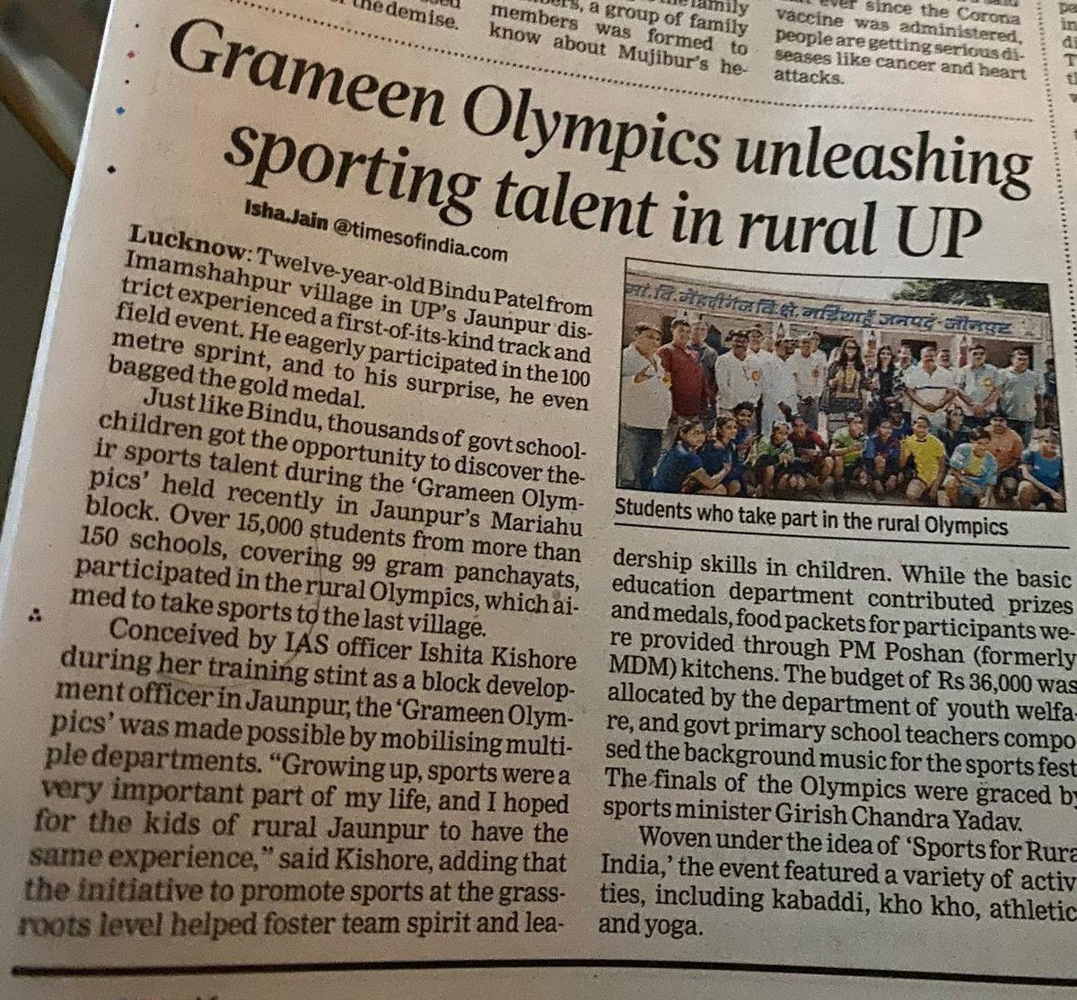 Ishita Kishore (@ishita_kishore_) on Twitter photo A happy read for me in yesterday’s Times of India - Grameen Olympics, aimed at taking sports to the last mile, last village, last door, successfully found great talent in this rural pocket of Jaunpur! <a href="/UPGovt/">Government of UP</a> <a href="/ChiefSecy_UP/">Manoj Kumar Singh, IAS, Chief Secretary, UP</a> <a href="/CMOfficeUP/">CM Office, GoUP</a> <a href="/myogioffice/">Yogi Adityanath Office</a> <a href="/myogiadityanath/">Yogi Adityanath</a> <a href="/ishajainTOI/">Isha Jain</a> A happy read for me in yesterday’s Times of India - Grameen Olympics, aimed at taking sports to the last mile, last village, last door, successfully found great talent in this rural pocket of Jaunpur! <a href="/UPGovt/">Government of UP</a> <a href="/ChiefSecy_UP/">Manoj Kumar Singh, IAS, Chief Secretary, UP</a> <a href="/CMOfficeUP/">CM Office, GoUP</a> <a href="/myogioffice/">Yogi Adityanath Office</a> <a href="/myogiadityanath/">Yogi Adityanath</a> <a href="/ishajainTOI/">Isha Jain</a>