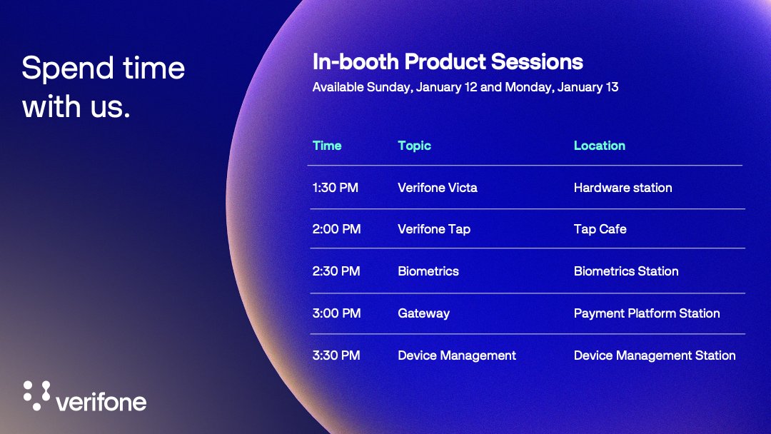 We're in full swing—and the action is just getting started! Join us at Verifone booth #5727 for an exclusive series of live, in-booth sessions led by our payment experts. Discover how Verifone’s latest innovations are transforming commerce and empowering businesses to thrive.