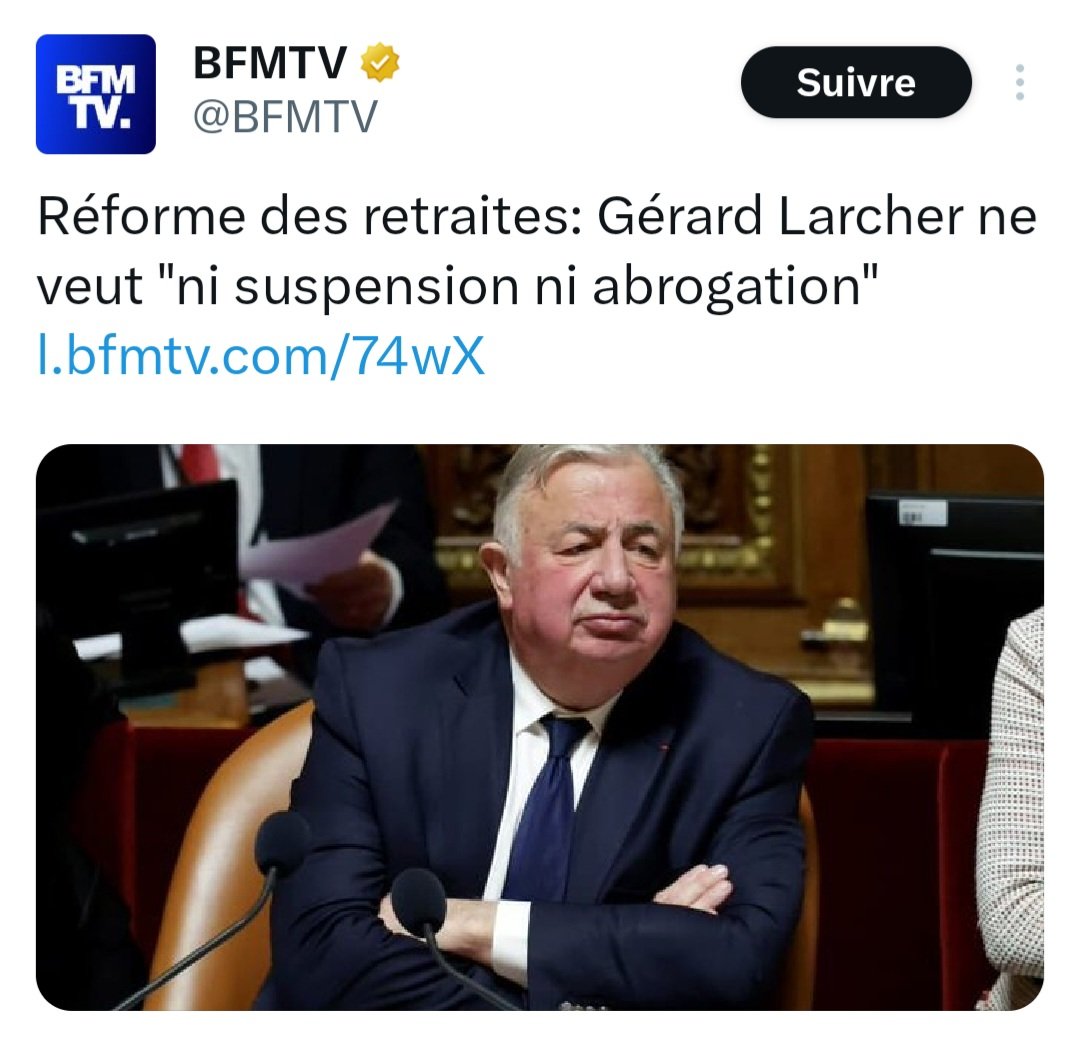 Tiens, le rentier de la République, qui s'est offert un coûteux trône de luxe pour poser son royal fessier, exige maintenant le maintien de la réforme des retraites, alors que personne ne lui a demandé son avis. Bref, un pilleur d'argent public, grassement payé à rien foutre