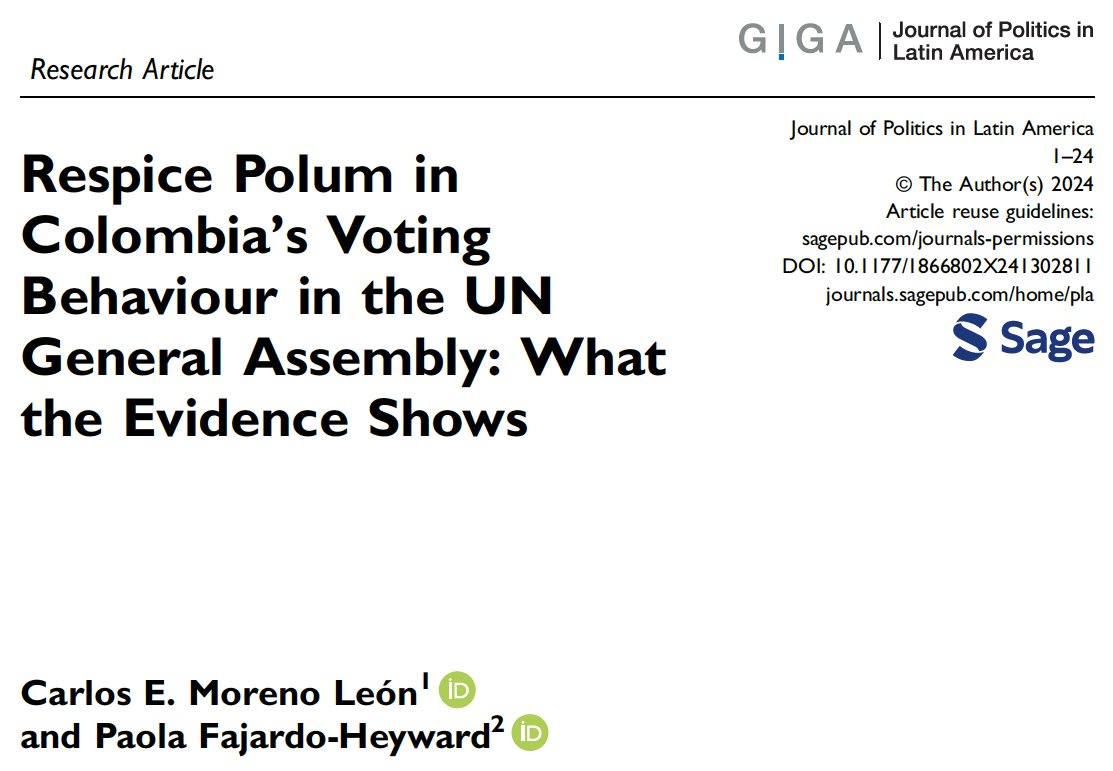 In the <a href="/JPLA_SAGE/">Journal of Politics in Latin America (JPLA)</a> of the <a href="/GIGA_Institute/">German Institute for Global and Area Studies</a>,<a href="/PFajardoheyward/">Paola FajardoHeyward</a> &amp; I publish a paper that studies the similarity of voting behavior of <a href="/ColombiaONU/">Colombia at the United Nations in New York</a> and <a href="/USUN/">U.S. Mission to the UN</a> in the <a href="/UN/">United Nations</a> General Assembly. We review the effect of #foreignaid, #trade,and the region's behavior.

Check it here: