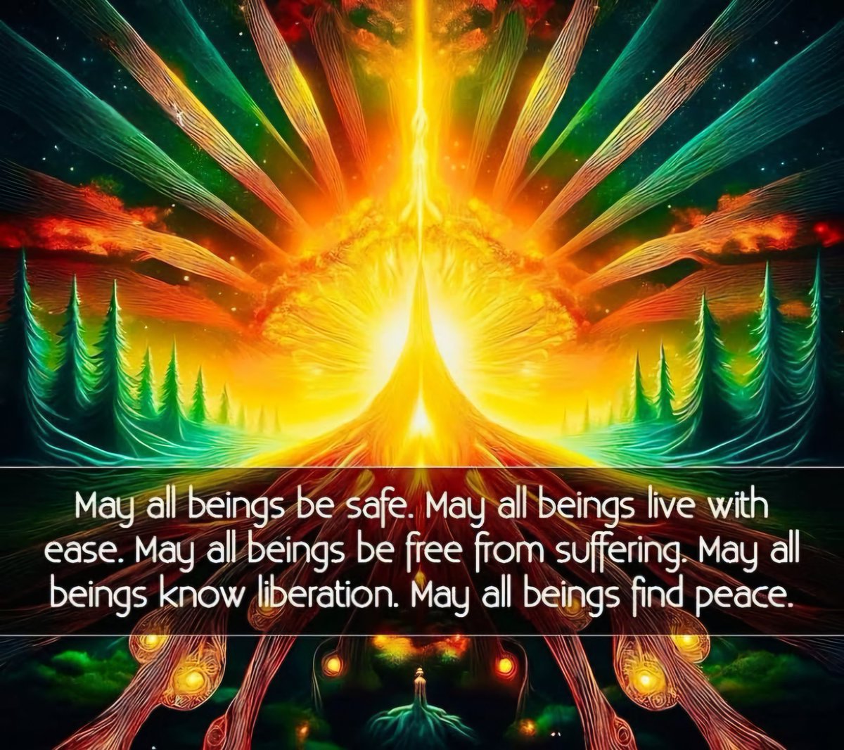 May all beings be safe. May all beings live with ease. May all beings be free fom sufering. May all beings know liberation. May all beings find peace.