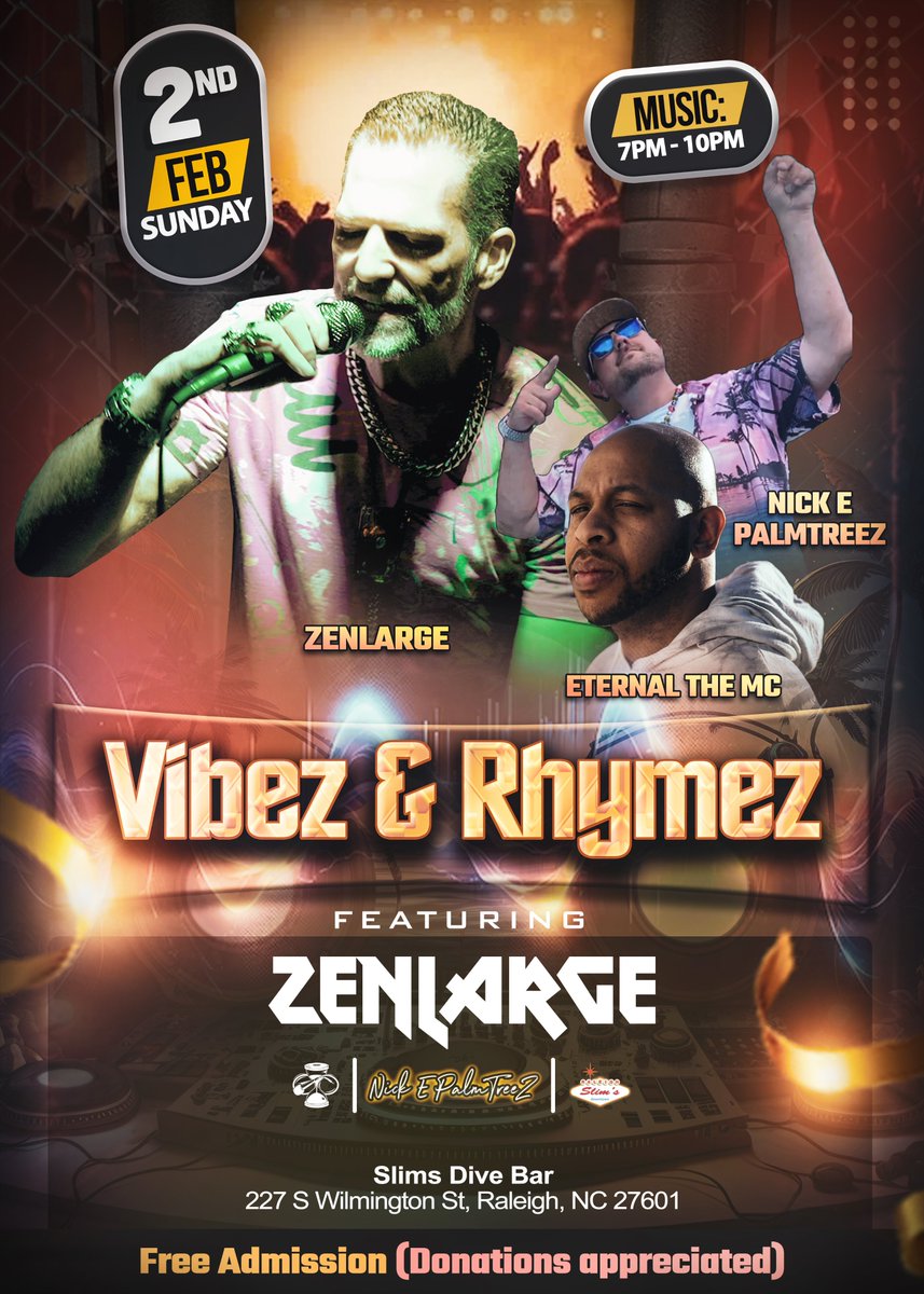 Come join the party Feb 2nd at <a href="/slimsraleigh/">Slim's Raleigh</a> as I take the stage with Nick E PalmTreez and <a href="/EternalTheMC/">The Soul Toucher</a>! 😎🥳

#hiphop #localmusic #liveshow #livemusic #supportlocal #nightlife #raleighnc #musicislife #ZenLife #zenaf