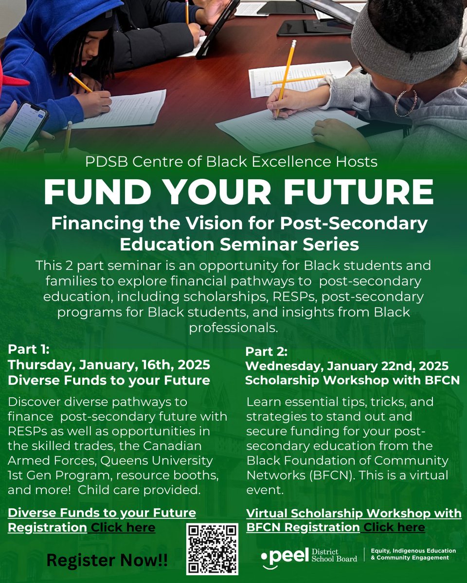 Don't miss out on the opportunity to learn about post-secondary programs for Black students &amp; gain insights from inspiring Black professionals in our  2-part seminar designed to empower Black students and families with the tools and knowledge to fund their post-secondary dreams!
