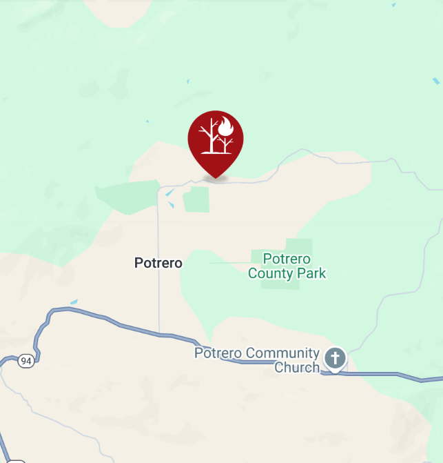 CALFIRESANDIEGO's tweet photo. @CALFIRESANDIEGO is at scene of a vegetation fire on Potrero Valley Road. There is a fully engulfed mobile home that has extended into the vegetation. Firefighters currently have the vegetation fire stopped at 1/4 acre and will begin to suppress the structure fire. #PotreroFire https://t.co/YM0XYJrJpP