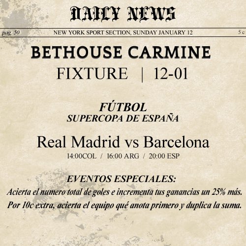 💰 <a href="/CarmineMafia/">Carmine Mafia</a>   BETHOUSE  💎

Hoy es un buen día para entretenernos disfrutando del buen clásico español con un buen whisky y buena compañía, los esperamos. 

DOMINGO 1/12/2025

📍The LAMBS club
Propiedad: DomMontiglio