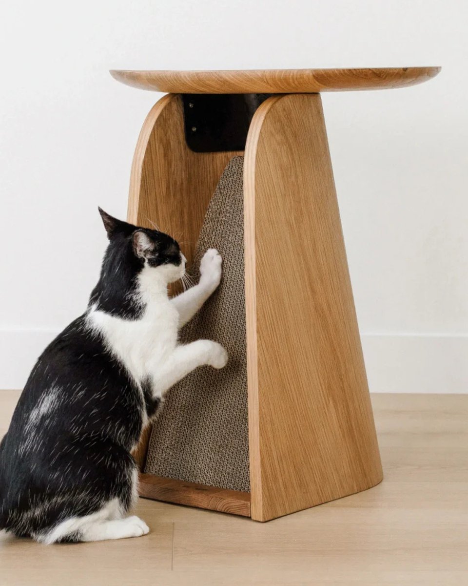 designwantedmag's tweet image. Made from solid oak and oak-veneered plywood,this side table includes a replaceable cardboard scratcher discreetly placed on the backside,catering to a cat’s natural scratching needs while maintaining uncluttered space

Kona Scratcher by Mau Pets

#designwanted #design #catdesign