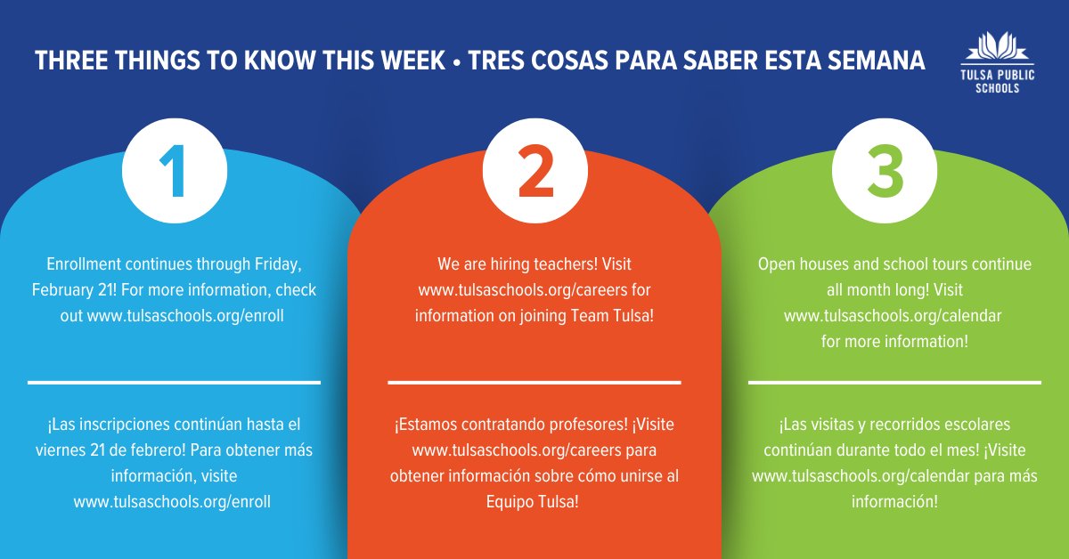 TulsaSchools's tweet photo. Here are your three things to know this week! 

 ¡Aquí están las tres cosas que debes saber esta semana! https://t.co/3FyL2C63ph
