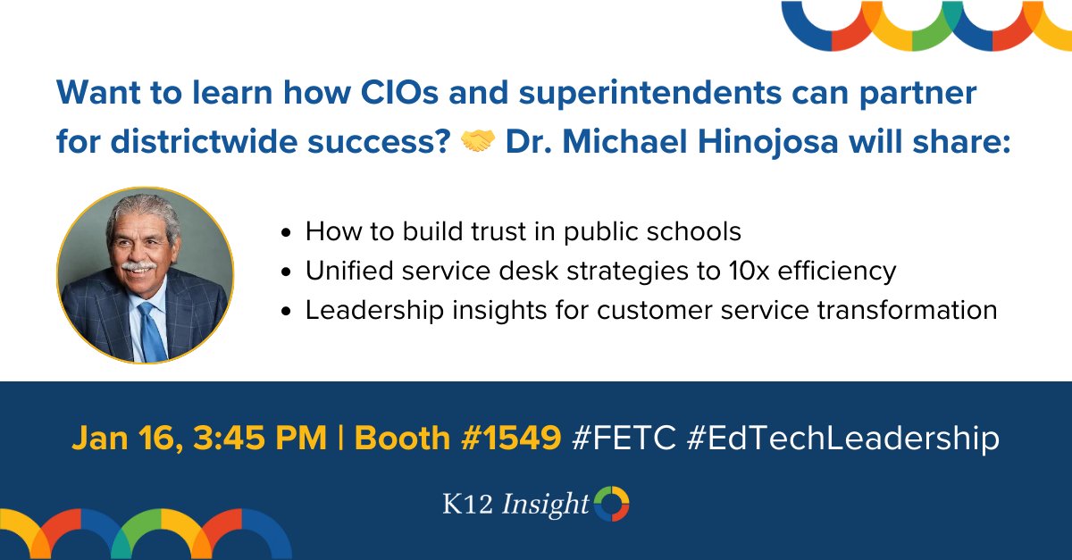 🤝 CIOs + Superintendents = Districtwide success

Dr. Michael Hinojosa at #FETC:
✅ Customer service excellence
✅ Unified service desk strategies

📅 Jan 16 | 3:45 PM, IT Theater
📖 Book signing at Booth #1549!

#EdTechLeadership