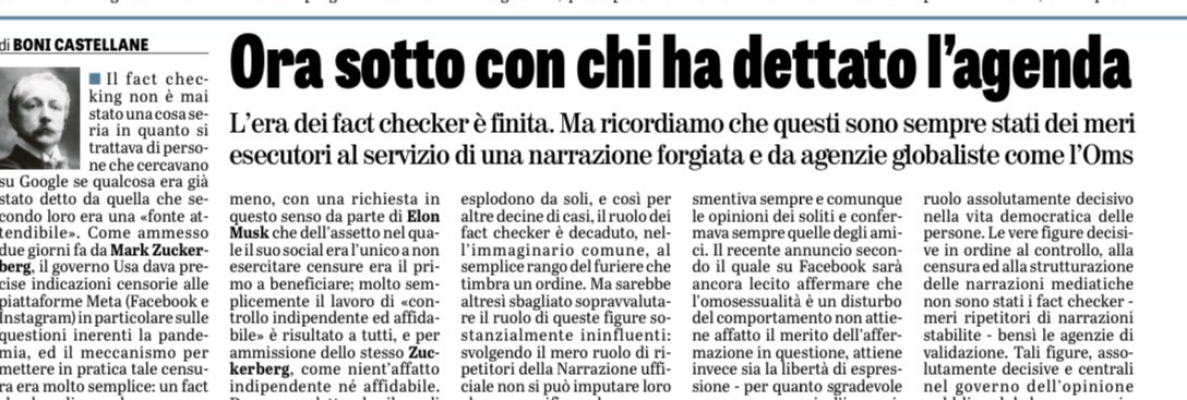 Zuckerberg sostiene che gli hanno imposto di effettuare la censura sui suoi social. In realtà aveva sufficiente potere per opporsi. Ha accettato l’imposizione per convenienza e oggi per convenienza fa marcia indietro. 
Lo spiega in maniera inappuntabile <a href="/boni_castellane/">Bonifacio Castellane</a>