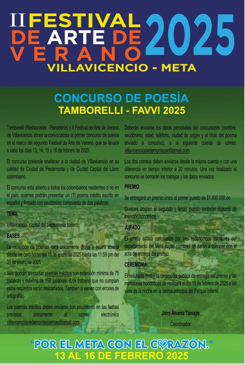 Bicinavegante's tweet photo. POESÍA

Poetas de Villavo y del Meta: ahí tenéis a la ciudad para que le cantéis... 

Tema: Villavicencio Piedemonte y Llano 

Enviar antes del 31 de enero con seudónimo a:
villavicenciopiedemontepoemas@gmail.com 

Datos del participante:
villavicenciopiedemontepar@gmail.com https://t.co/E4frIL3UEe