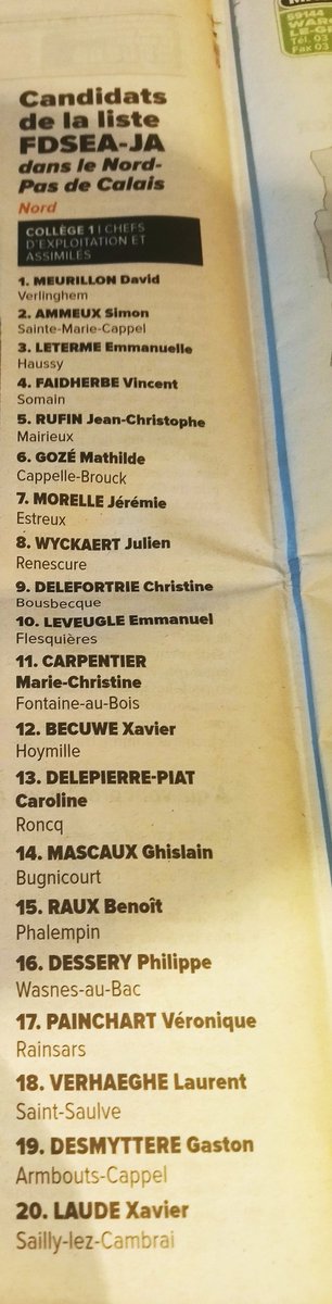 ATerlynck's tweet image. Dans le Nord, les listes syndicales agricoles respectent la loi du 4 août 2014, instaurant 1/3 de femmes dans leur composition. La FNSEA s&apos;en tient donc au minimum requis, preuve en image. Il sera intéressant de regarder la future composition du bureau, hors champs de la loi. 🌺