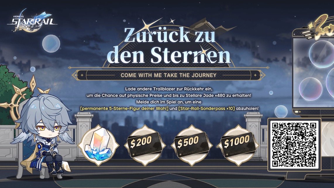 Lade rückkehrende Trailblazer ein, sich mit deinem Einladungscode zu verbinden und im Spiel anzumelden, um Stellare Jade, Geschenkkarten und andere Überraschungsbelohnungen zu gewinnen.