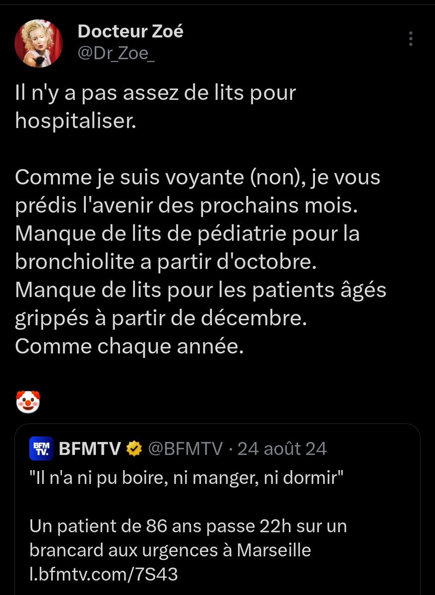 Coucou je suis devin (non).

Chaque. Putain. D'année.
C'est la même chose.
Nous n'avons pas assez de place pour hospitaliser l'hiver.

En attendant qu'on dégage les gouvernants responsables de cette situation :
Masques + vaccin + qualité de l'air.

J'en peux plus.