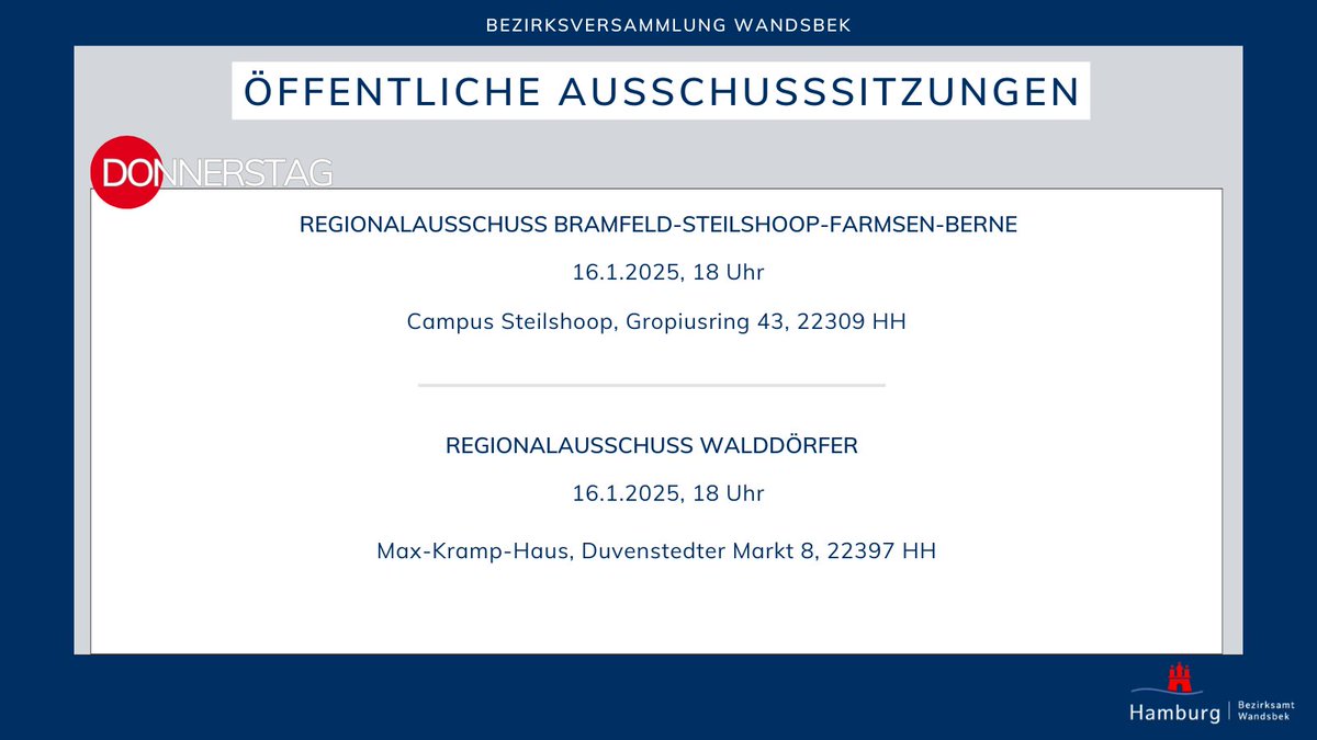 In der kommenden Woche finden die untenstehenden Ausschusssitzungen der #Bezirksversammlung #Wandsbek statt. Weitere Infos unter 🔗: t1p.de/vkm1.