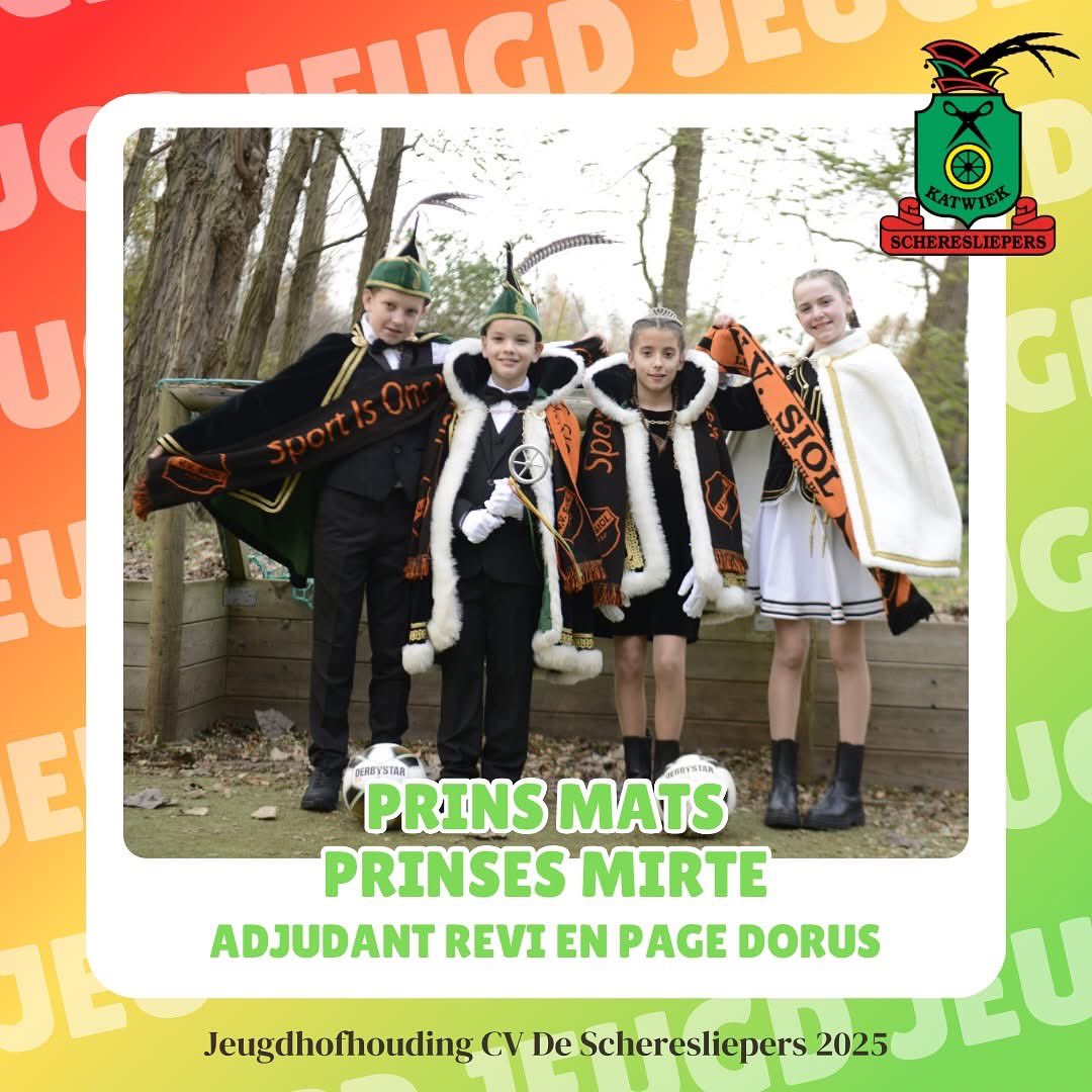 𝐏𝐫𝐢𝐧𝐬 𝐌𝐚𝐭𝐬 &amp; 𝐏𝐫𝐢𝐧𝐬𝐞𝐬 𝐌𝐢𝐫𝐭𝐞
𝐀𝐝𝐣𝐮𝐝𝐚𝐧𝐭 𝐑𝐞𝐯𝐢 &amp; 𝐏𝐚𝐠𝐞 𝐃𝐨𝐫𝐮𝐬 

Van harte gefeliciteerd dat jullie de nieuwe Jeugdhofhouding van De Scheresliepers zijn ❤️💛💚🧡🖤👑