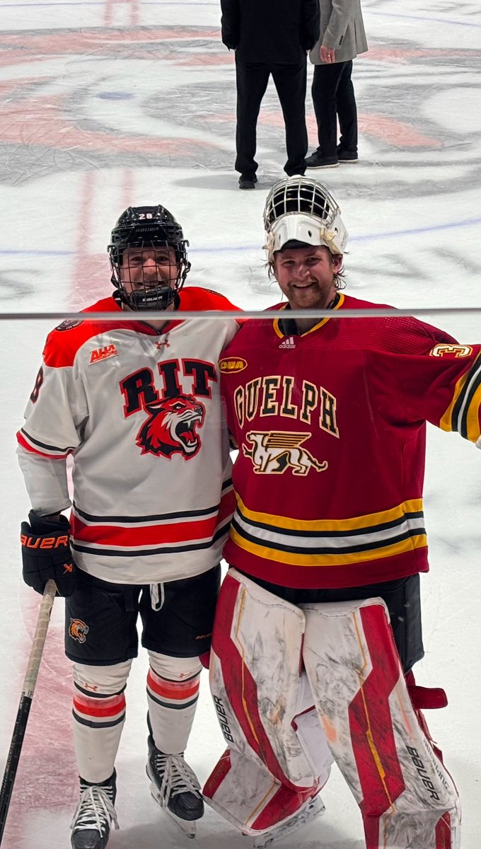 Bomber alumni and former teammates Xavier Lapointe (2021-22) and Cal Schell (2020-2022) helped the Bombers to the league finals and an appearance at the Centennial Cup in 2021.  Pictured here Lapointe (RIT- NCAA) and Schell (Guelph - uSports) recently played an exhibition game.