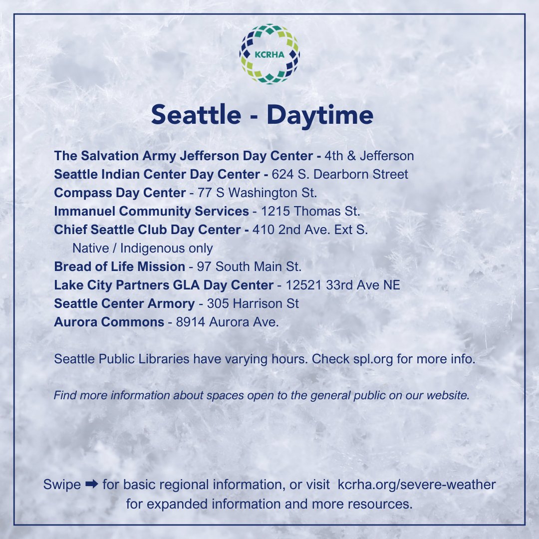 KingCoRHA's tweet photo. Tier 2 Severe Weather Protocols are currently active, due to low overnight temperatures. Find information on shelters and spaces where you can go to warm up on our website: https://t.co/KbZ79T6369

Seattle area info ⤵️ https://t.co/e9uwDBtgRa
