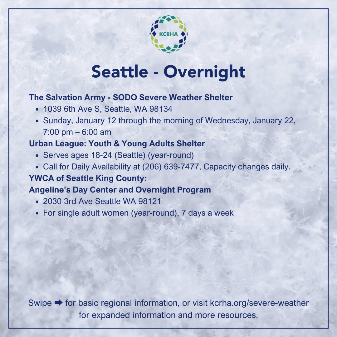 KingCoRHA's tweet photo. Tier 2 Severe Weather Protocols are currently active, due to low overnight temperatures. Find information on shelters and spaces where you can go to warm up on our website: https://t.co/KbZ79T6369

Seattle area info ⤵️ https://t.co/e9uwDBtgRa