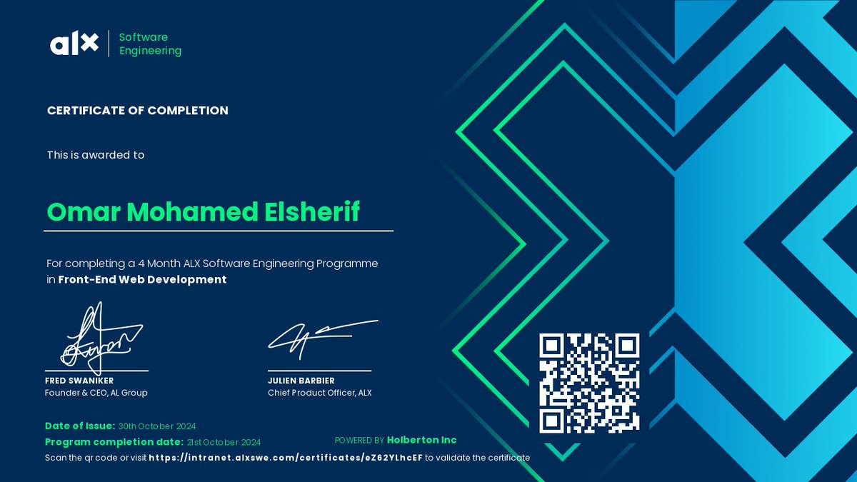 Omar_Elsherif95's tweet image. بفضل الله سبحانه و تعالي انجازاتي في 2024 :

1- حصلت علي شهادة من @alx_africa تراك front End web development.

2- حصلت علي شهادة من @udacity تراك Front End and freelancing.

3- عملت 4 Projects ب @reactjs. 

4- عملت ال CV بتاعي.